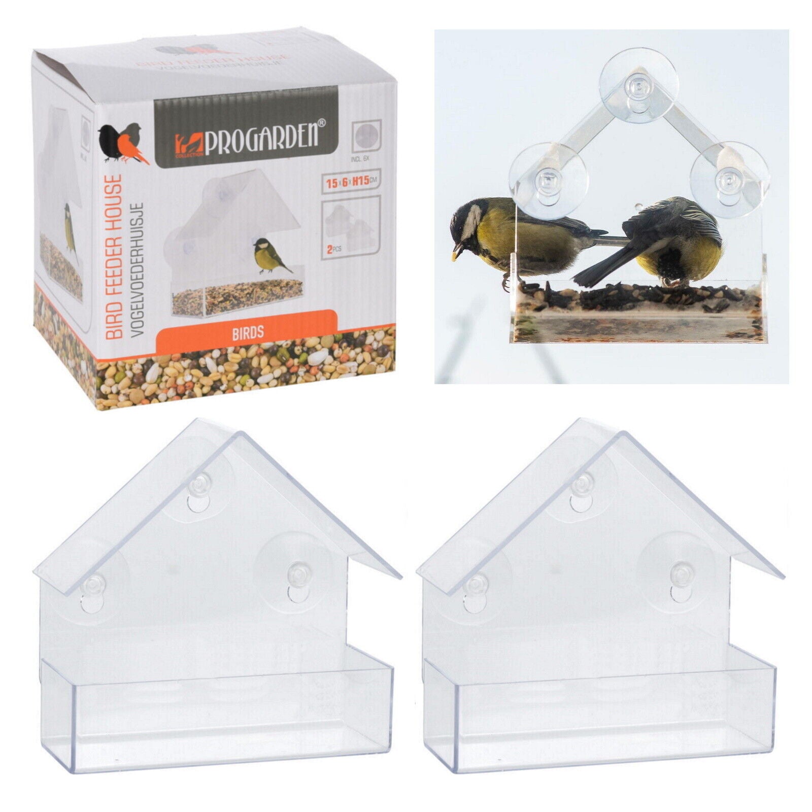 Window Bird Feeder Wild Hanging Feeding Table Clear Perspex with Suction Cup 2PC