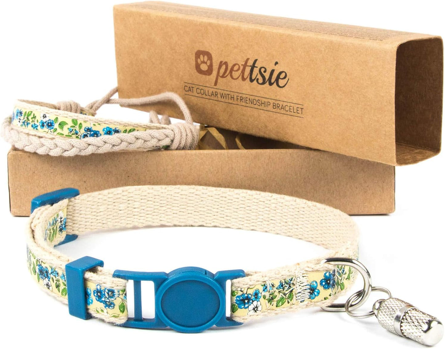 Breakaway Cat Collar & Matching Bracelet, Adjustable Collar 19-29 Cm, Safety Buckle, Soft Cotton, ID Tag Included, Blue