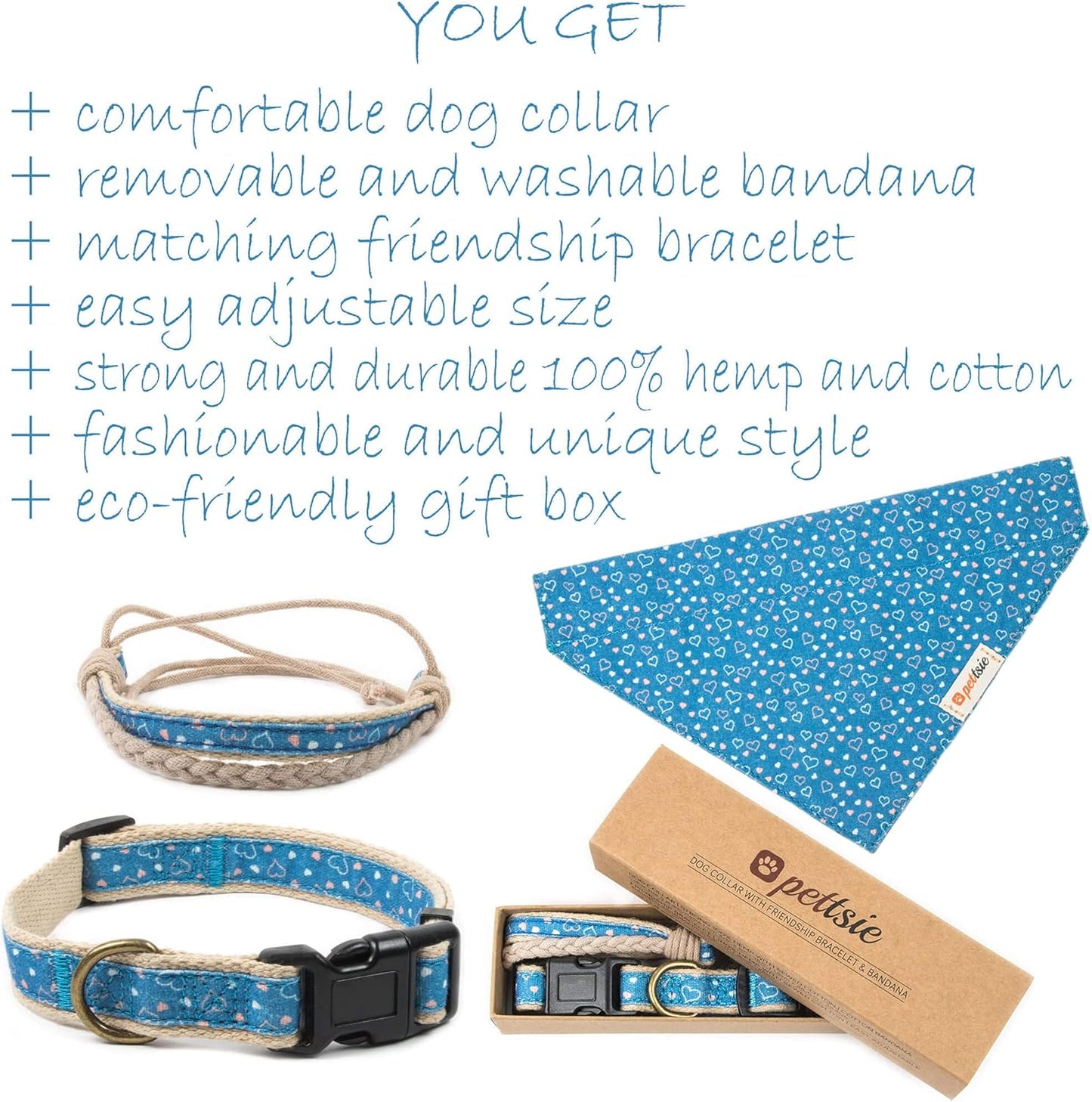 Dog Collar Bandana with Matching Bracelet, Adjustable for Small, Medium & Large Dogs, Durable Hemp, Soft & Stylish Design, S, Blue
