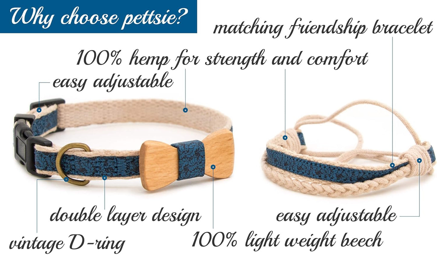 Matching Dog Bow Tie Collar & Owner Bracelet, Adjustable for Small & Medium Dogs, Stylish & Durable, Soft Hemp Material, S, Blue