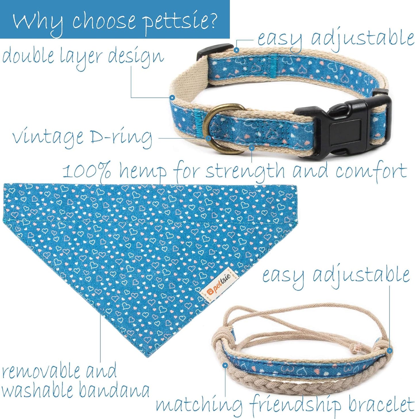 Dog Collar Bandana with Matching Bracelet, Adjustable for Small, Medium & Large Dogs, Durable Hemp, Soft & Stylish Design, S, Blue