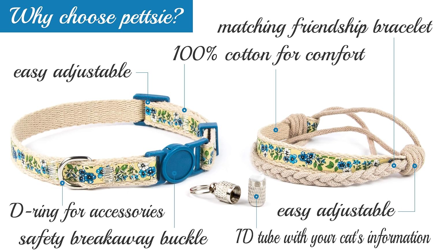 Breakaway Cat Collar & Matching Bracelet, Adjustable Collar 19-29 Cm, Safety Buckle, Soft Cotton, ID Tag Included, Blue