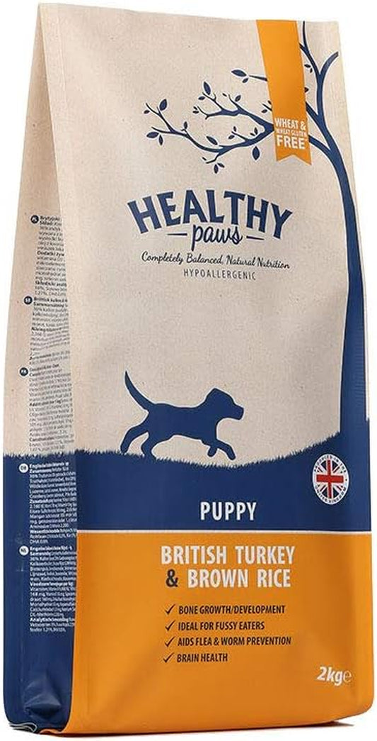 Premium Dry Dog Food Hypoallergenic Healthy Gluten Free Digestible Natural Turkey & Brown Rice Complete Pet Nutrition for Puppies - 2Kgs