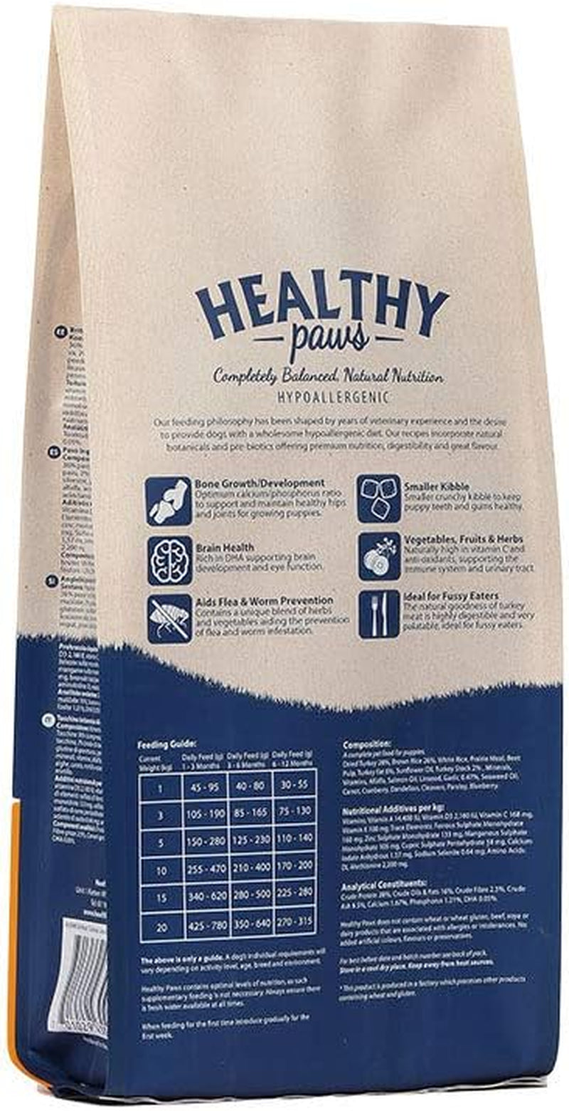 Premium Dry Dog Food Hypoallergenic Healthy Gluten Free Digestible Natural Turkey & Brown Rice Complete Pet Nutrition for Puppies - 2Kgs