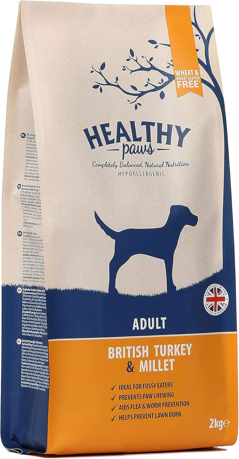 Premium Dry Dog Food Hypoallergenic Healthy Gluten Free Digestible Natural Turkey and Millet Complete Nutrition for Adult Breeds - 2Kgs